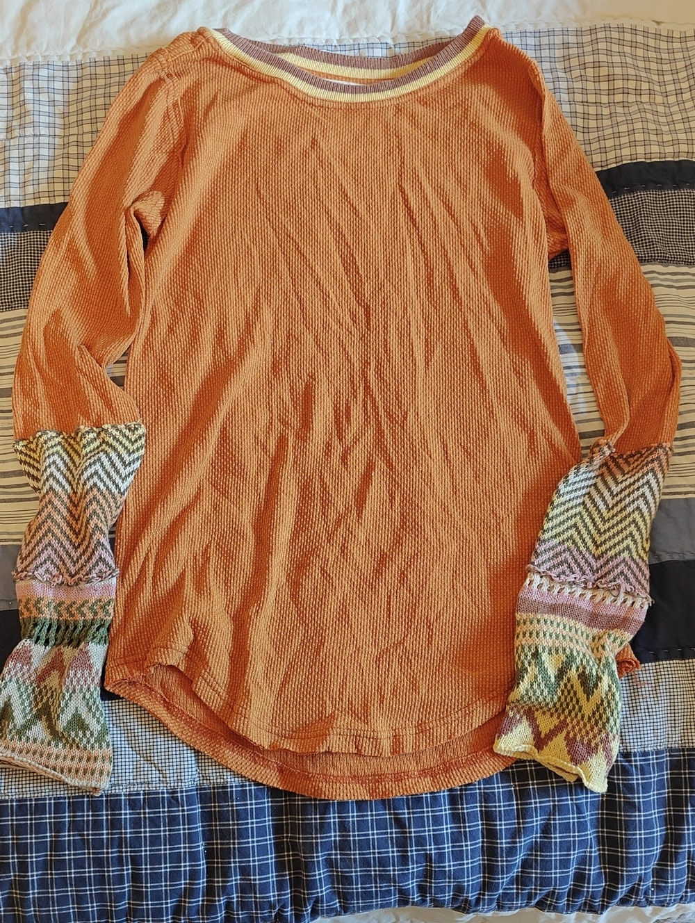 We The Free Orange Waffle Knit Long Sleeve with Patterned Bell Cuffs